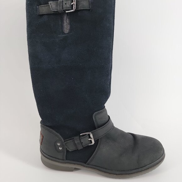 UGG Black Suede & Leather Tall Moto Buckle Boots | Size 7 - Picture 3 of 9